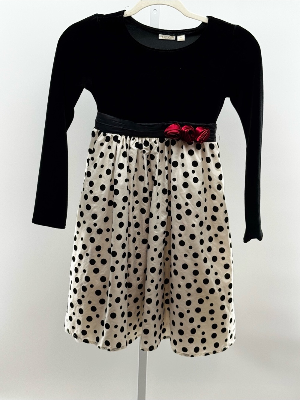 Black & Cream Polka Dot Long-Sleeve Dress with Red Accent for Kids